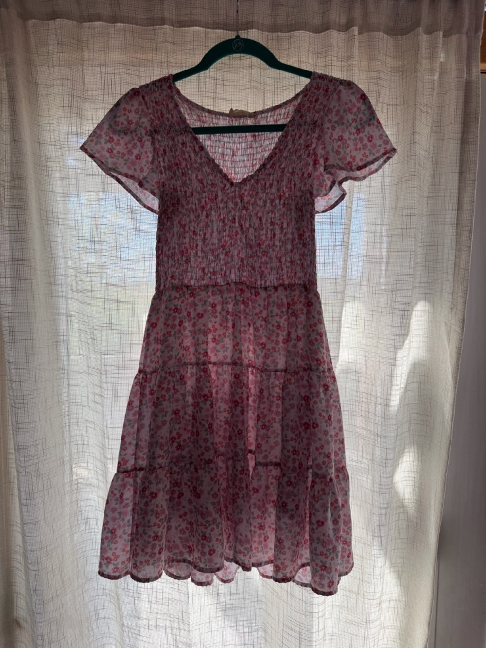 Altar'd State Pink Floral Tiered Midi Dress with Flutter Sleeves